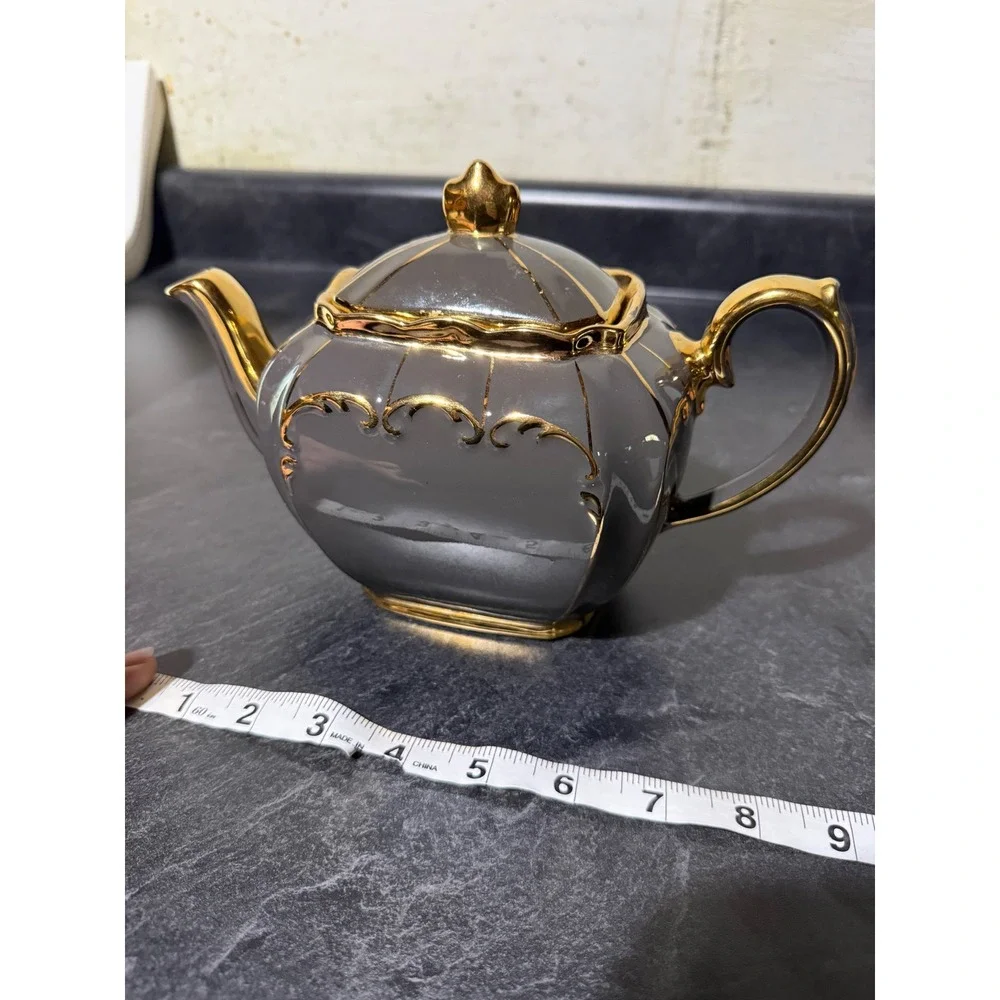 Sadler Cube Vtg Gray Ceramic Teapot 22k Gold Gilt Trim Ornate Scroll Design 1922